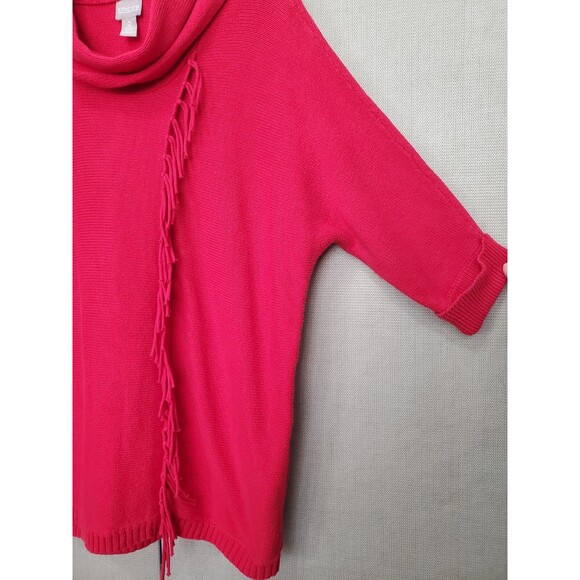 CHICO'S Cotton Blend Red Dolman Sleeve Cowl Neck Fringed Sweater Tunic Size 2(L) - Picture 2 of 7